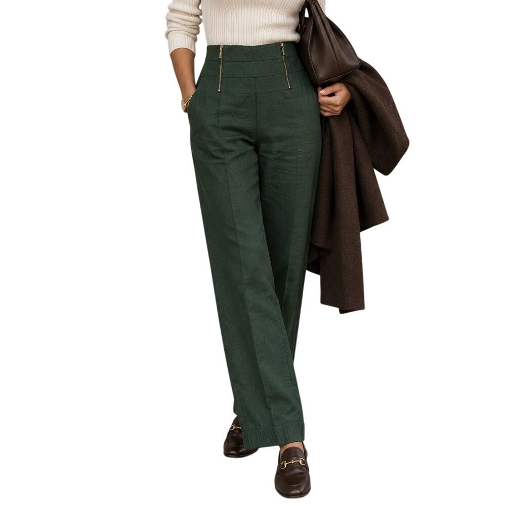 Coolrated Womens Linen High Rise Pull On Pants XXS Green Scandi Utility Fall